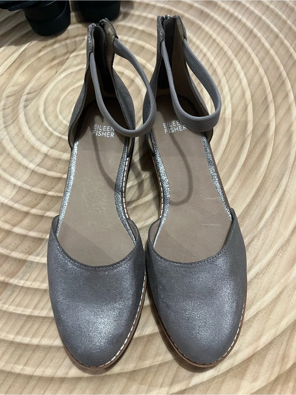 Eileen Fisher Metallic Taupe Ankle-Strap Flats